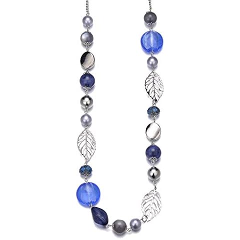Women's Long Pearl Necklace Statement Boho Silver Metal Chain Wedding Anniversary Fashion Jewellery Gifts Jumper Necklace for Women, Resin Glass Pearl Cover