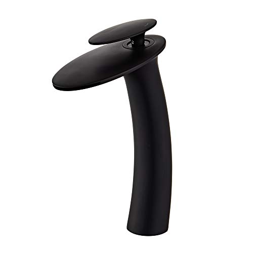 Wovier Matte Black Waterfall Bathroom Sink Faucet with Supply Hose,Single Handle Single Hole Vessel Lavatory Faucet,Slanted Body Basin Mixer Tap Tall Body Commercial