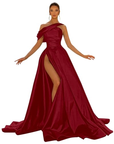 One Shoulder Prom Dresses for Women Satin Long Ball Gown with Slit Ruched Formal Evening Dresses4