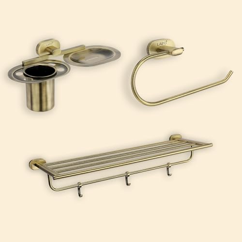Image of LAPO 304 Stainless Steel Combo Bathroom Accessories Set (24 inch Towel Rack, Soap with Tumbler Holder, Napkin Ring) Bathroom Accessories- (Kik- 3 Piece Combo Set,Antique Finish)