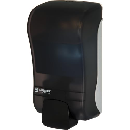 Image of San Jamar Manual Soap Dispenser - 1300 mL Capacity Liquid Dispenser for Bulk Foaming Soaps, Wall Mount, Refillable with Transparent Reservoir Easy Push Bar for Commercial or Office Use, Black Pearl