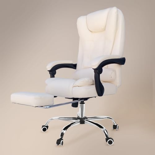 Image of Kepler Brooks Italia Premium Leatherette Office Chair for Work | 3-Years Warranty | Boss Chair for Office, Ergonomic Executive Chair, Cushioned Arms & Seat, Leg Rest,Heavy Duty Metal Base (Off White)