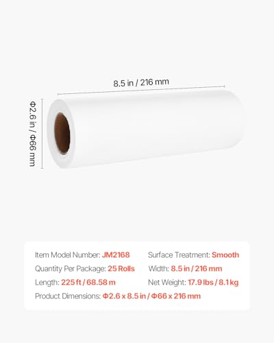 VEVOR Einwegauflagen für Gesichtskissen und Massageliege, 25 Packungen 216 mm x 68,58 m, Einweg-Kopfstützenpapier, ideal für Massage-, Untersuchungs- und Chiropraktiktische, weiß