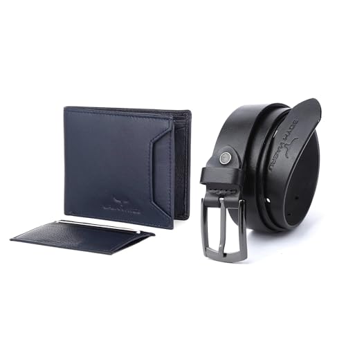 Image of URBAN HYDE Premium Genuine Leather Wallet and Belt Combo for Men | Leather Wallet & Adjustable Belt Gift Set | Stylish Men's Leather Combo Gift for Birthday, Anniversary & Office | Black & Blue