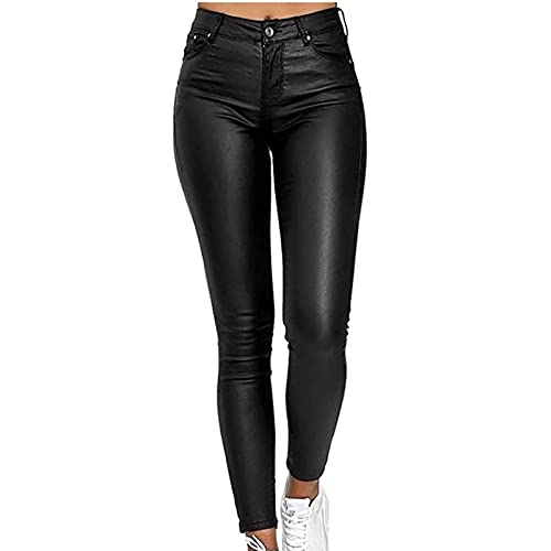 XUEBIN Pantalon En Cuir PU Taille Haute For Femmes, Couleur Unie, Coupe Ajustée, Décontracté, Jambe Droite leggings(Black,M)