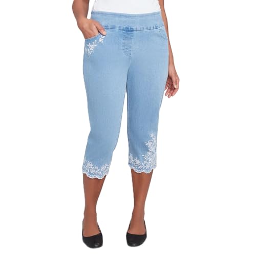 Alfred Dunner Women's Flower Power Classic Floral Embroidered Denim Capri