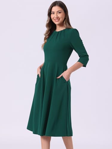 Image of Allegra K Elegant Work Dress for Women's 3 /4 Sleeve Round Neck Pockets Vintage A-Line Swing Midi Dress