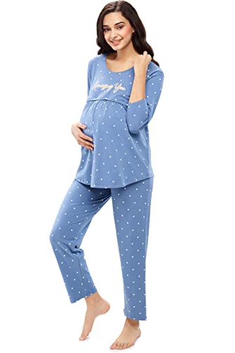 Image of ZEYO Women's Cotton Heart Printed Maternity & Feeding Night Suit Set Of Top & Pajama Set Nursing Night Dress 5629