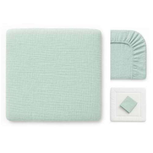 Wickelauflagenbezug 100% Baumwolle Musselin Bezug für Wickelauflage 85x75 und 75x75 cm – weicher Wickeauflagenüberzug, atmungsaktiv & waschbar MINT grün