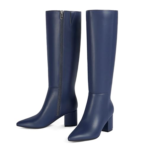 Image of Easyfox Womens Knee High Boots Chunky Low Heel Pointed Toe Tall Long Boots