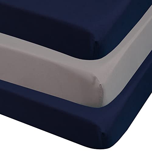 Image of CaSaJa 3-Pack Fitted Crib Sheets Set for Baby Boys, Extra Soft Breathable 9 inch Deep Mattress Sheet for Standard Toddler Bed 28x52, Cozy Washable Microfiber Nursery Sheets, 2 Navy Blue /1 Charcoal Gray