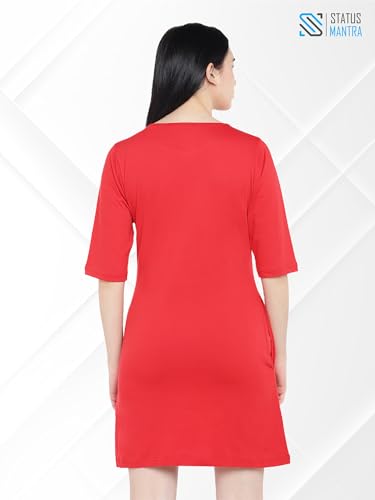 Image of STATUS MANTRA Women's Long T-Shirt Dress - Cotton Casual Knee Length Dress with 3 /4 Sleeves | Soft Bio-Washed Fabric, Crew Neck, Relaxed Fit | Comfy Summer Lounge Wear