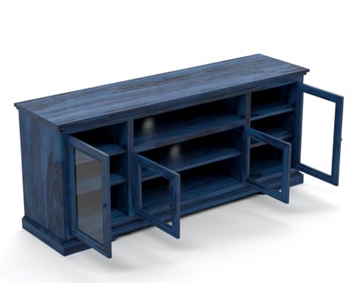 Image of Sheesham Solid Wood TV Cabinet for Living Room | Handcrafted Wooden TV Unit with Storage | Elegant Entertainment Stand for Modern Homes (Glass Tv Cabinet, Rustic Blue)