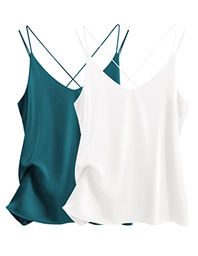 Image of Ekouaer Womens 2-Pack Silk Satin Camisole Tank Top V Neck Sexy Cross Back Spaghetti Strap Cami Sleeveless Lounge Tops S-XXL