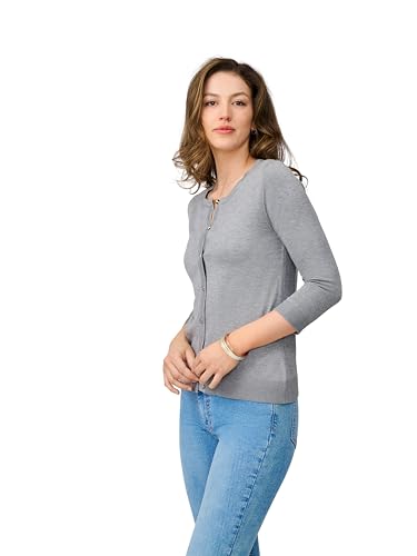 Cable & Gauge Women's Lady Button Front Cardigan Lightweight Button-Up Sweater, Crew Neck, 3/4 Sleeve, Versatile Layering Top2