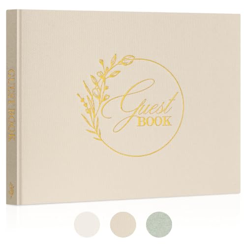 Lanpn Libro de Visitas de Boda en Blanco, Libro Firmas Boda de Lino, Libros de Firmas para Bodas, Aniversario, Bautizos, Cumpleaños, Libro de Recuerdos, álbum de Invitados de Boda (108 Páginas, Beige)