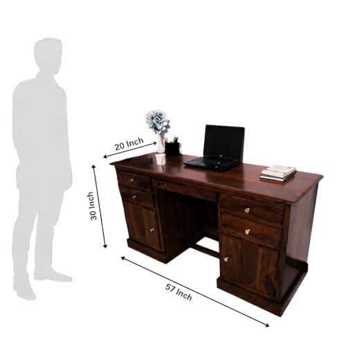 Image of Solid Sheesham Wood Office Desk with 4 Drawers & 2 Cabinets, Wooden Computer Table with Keyboard Tray & Footrest, Study Writing Desk for Home Office Furniture (Natural Walnut Finish)