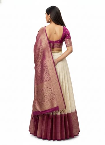 Image of RENVAANI Women's Traditional Kanjivaram Kanchipuram Silk Zari Weaving Unstitched Lehenga Choli with Dupatta