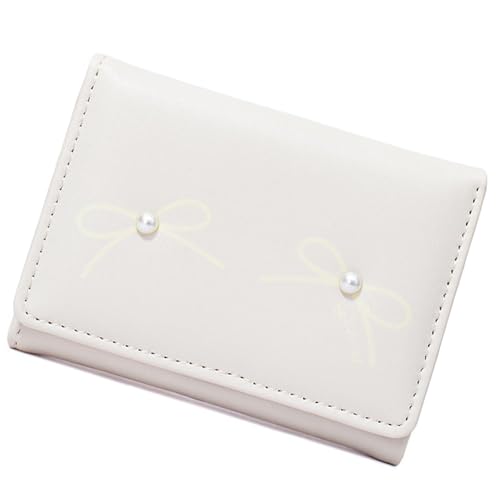 Fashionable Girls Bows Wallet Aesthetic Small Card Holder PU Leather Coin Purse Cash Pocket with Clear Window for Women, White, 10.5x8x2cm