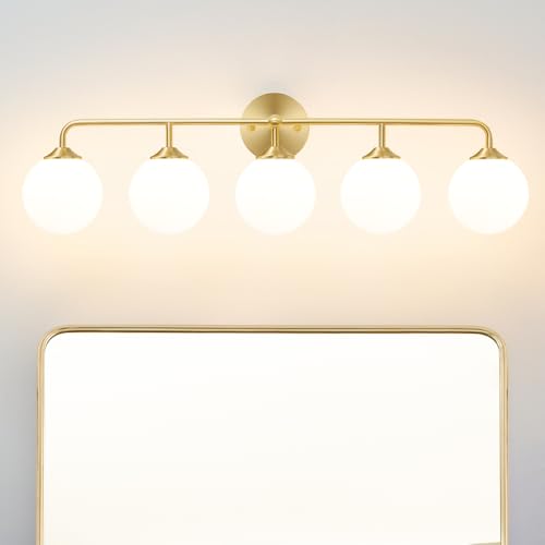 Image of Modern Brushed Brass 5-Lights Bathroom Vanity Light, Lighting Fixtures Over Mirror with Milky White Glass Ball Shades, Wall Sconces for Bathroom Dressing Table Bedroom