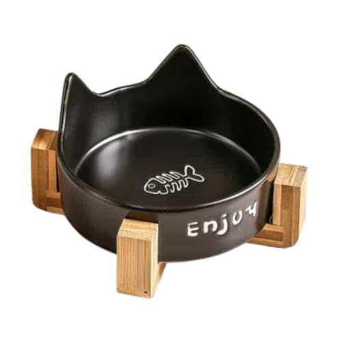 DICOCO 猫 皿 食器 200ml フードボウル 犬 食器 吐き戻し防止 陶器 猫えさ 皿 猫 水飲み皿 餌入れ ペットボウル 食事 食器洗浄機 対応 ブラック(魚の骨のパターン+木枠)