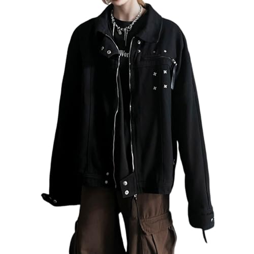 Veste militaire noire en denim épais style gothique à finitions zippées