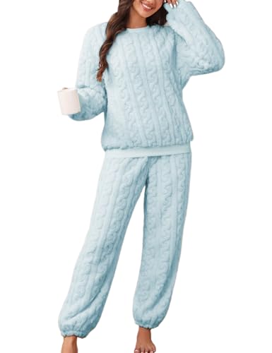 BAJAOEY Pajamas Sets for Women Soft Comfy Fluffy Pajama Fleece Pullover Ribbed Pjs Warm Plush Lounge Sleepwear Light Blue