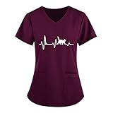 WENZHOU Berufskleidung Pflege Damen Uniform Einfarbig Bluse T-Shirt Schlupfkasack mit Taschen Kurzarm V-Ausschnitt Schlupfhemd Krankenpfleger Kasack Nurse Uniformen Taschen, Wein, 3XL, DE220304DE929