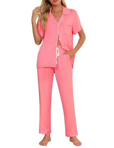 Image of Senert Womens 2 Piece Pajamas Set Button Down Top and Pants Soft Sleepwear | Short Sleeve Lounge Sets with Pockets, Maternity / Nursing /Postpartum Pjs Set, Bride Pjs Set for All Seasons