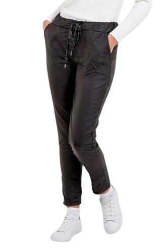 Image of STAR FASHION Women's Wet Leather Look Italian Joggers Sweatpants Elastic Waist Active Yoga Pants Turn Up Faux Leather Magic Pants Jogging Bottoms Ladies Casual Jogger Hoop Trouser Black-12-14