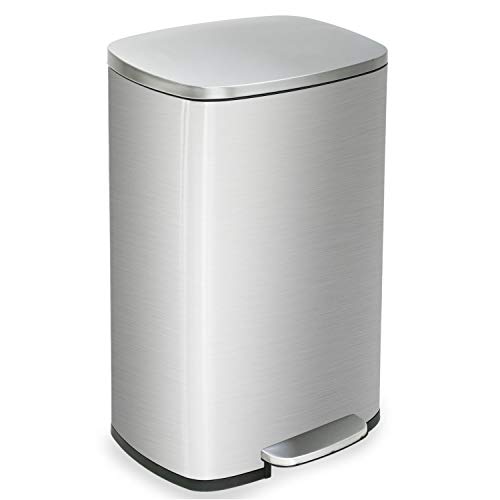 Kitchen Trash Can With Lid For Office Bedroom Bathroom Step Trash Bin Fingerprint-Proof Garbage Bin Brushed Stainless Steel 13 Gallon  50 Liter