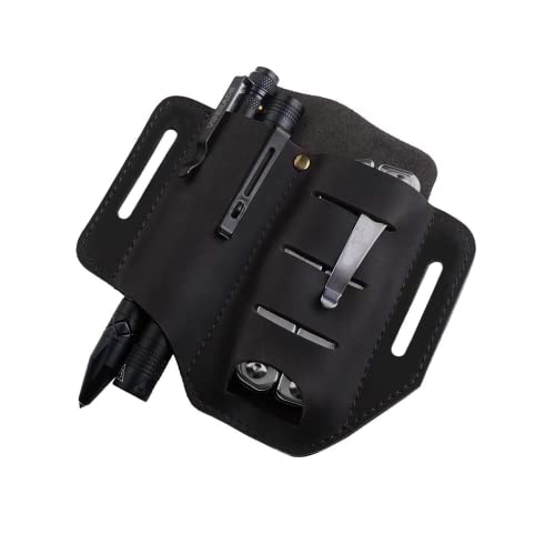 VIPERADE PJ8 EDC Leather Sheath for Blet, Knife/Tool/Flashlight/Tactical Pen and EDC Gears, Pocket EDC Organizer Leather Sheath, Hademade 2 Pockets Belt Leather Slip Sheath (Black)