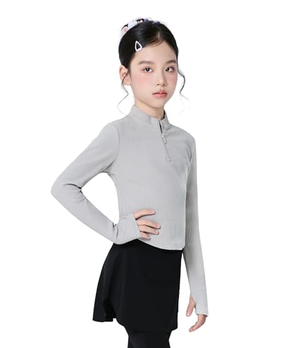 Daydance Girl's Ballet Sweater, Girls High Neck Pullover Dance Sweater with Thumb Hold Design Grey