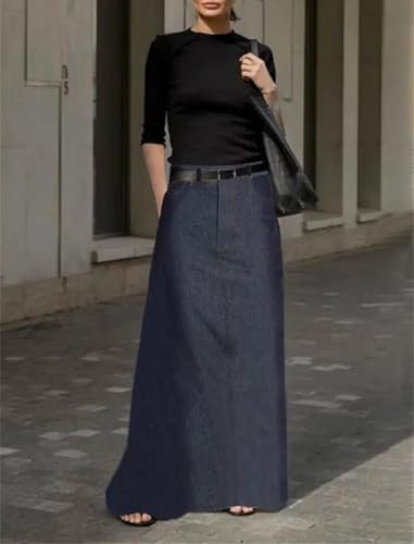 Women Fashion Imitation Denim A-Line High Waist Skirts Loose Solid Pockets Maxi Skirt2