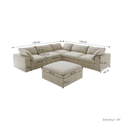 Image of JACH V Shape Couch Sectional for Living Room, Deep 5-Seats Modular Convertible Sofa, Couch Cushion Covers Removable, Cloud Sofas with Chaise Ottoman for Living Room, Apartment (Khaki)