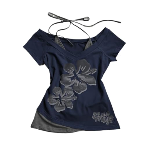 Emo Grunge Shirts Women 2000s Graphic Baby Tees Fake Two Piece Short Sleeve Vintage Y2k Crop Top Goth Alt Clothes