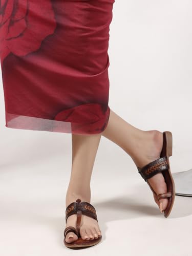 Image of Women's Kolhapuri Chappal Flats | Two-Tone Leatherette Ethnic Sandals with Toe Ring | Comfortable Handcrafted Traditional Slip-On Slippers for Ladies