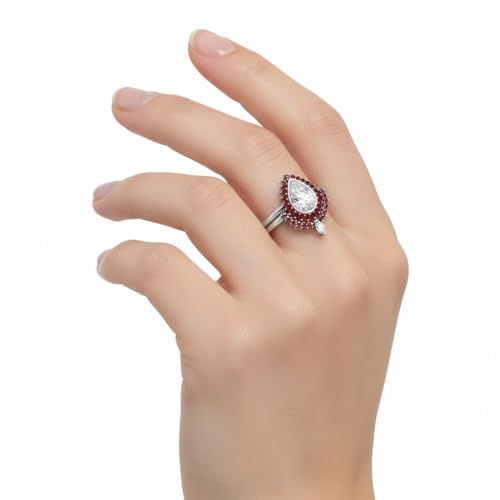Image of 55Carat Choose Your Gemstone Bezel Pear Shape Halo CZ Diamond CZ Ring Sterling Silver Pear Shape Wedding Ring Sets Ornaments Surprise for Wife Symbol of Love Clarity Comfortable US Size 4 to 12