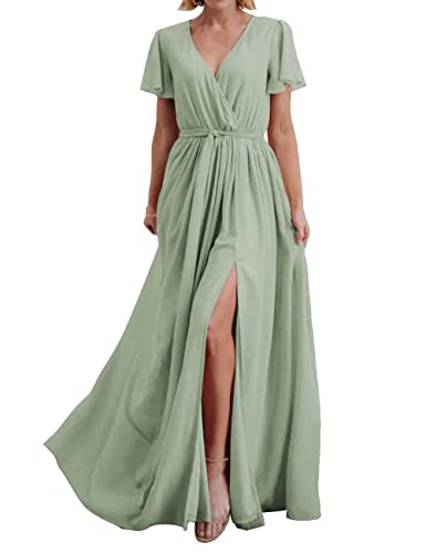 Chiffon-Wickelkleid für Brautjungfernkleid für Juniorfrauen, A-Linie, seitlich geteilt, Trauzeugin Kleider mit Gürtel, salbeigrün, 34