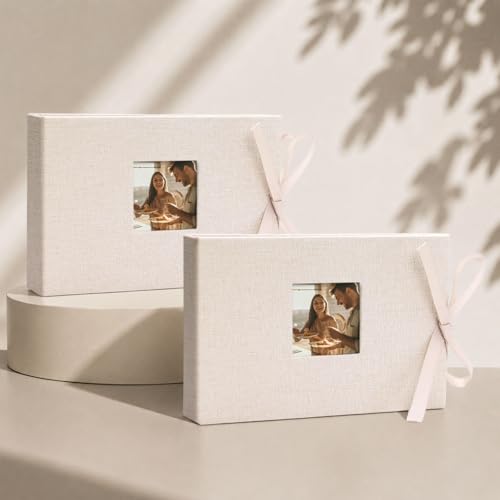 Vienrose Small Photo Album 4x6, Mini Picture Book with 26 Pockets Holds 52 Photos, Linen Cover Slip-in Photo Book with Display Window for Travel Wedding Memories, Postcards Photobook Beige 2 Pack