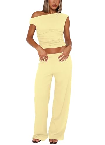 Vest and Pants Set Women - Sexy Pant Sets Women 2 Piece Outfits Off Shoulder Ruched Crop Tops Wide Leg Pantsuits2