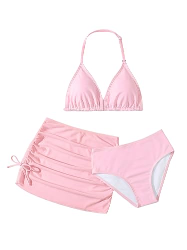 Image of RoseSeek Girl's 3 Piece Cute Bowknot Bathing Suit Halter Triangle High Waisted Swimsuit with Beach Cover Up Skirt