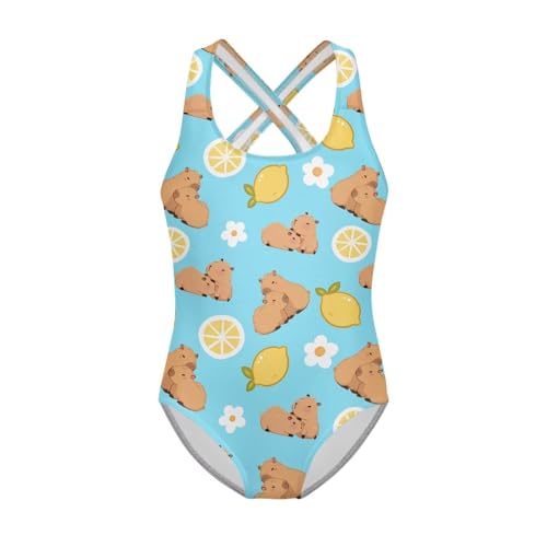 Image of Girls One Piece Swimsuits Summer Quick Dry Crewneck Beach Bathing Suit Cross Shoulder Strap Swimwear 5-14 Years
