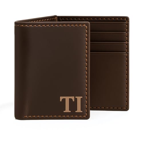 Black Mens Genuine Leather Monogrammed Tri-Fold Wallet with Custom Personalization Brown