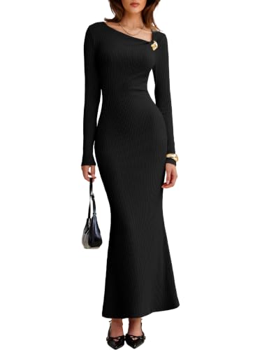 Caracilia Womens Long Sleeve Ribbed Bodycon Maxi Dress,Black,XS