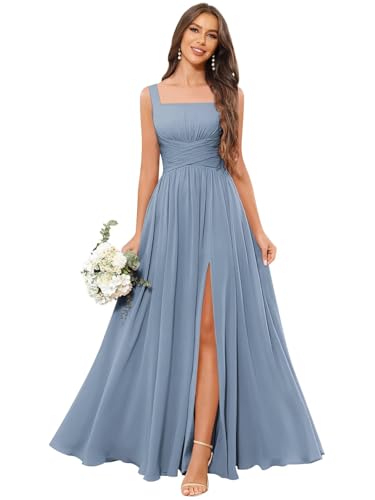 Women's Pleated Bridesmaid Dresses with Slit Square Neck Corset Wedding Guest Dress with Pockets