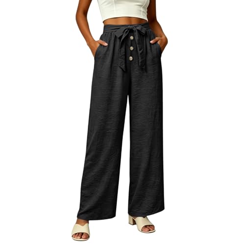 Linen Wide Leg Pants for Women, High Waisted Button Work Casual Flowy Tie Knot Trousers with Pockets, Lightweight Breathable Summer Vacation Beach Office Work Womens Palazzo Pants 2026BlackS