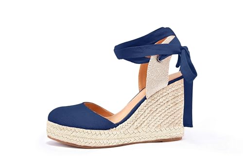 Image of FISACE Womens Summer Espadrille Heel Platform Wedge Sandals Ankle Buckle Strap Closed Toe Shoes