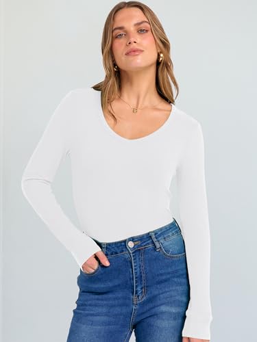 Image of ANRABESS Long Sleeve V Neck Shirts for Women | Soft Comfy Ribbed Knit Fitted Tshirts, Casual Going Out Tops, 2026 Trendy Basic, Fall Winter Underscrub Layering Clothes