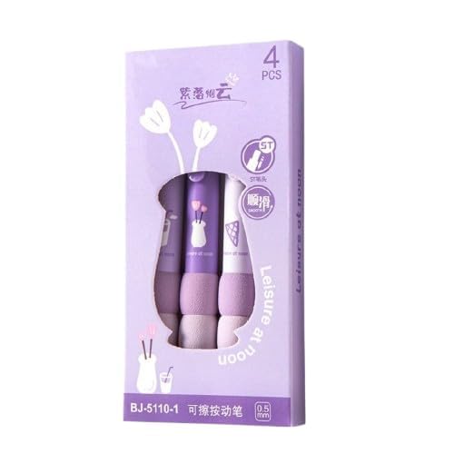Image of Purple Erasable Gel Pens Set, Blue Ink, Cute Design with Rubber Eraser Cap, 4 Pieces, Student Writing and Office Stationery Gift Set (4-Purple)